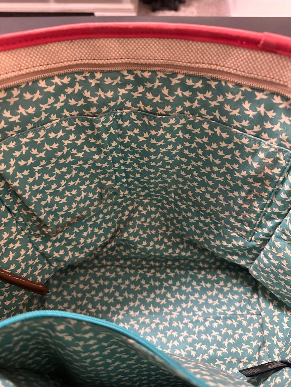 Fossil Beige Canvas Tote with Teal Polka Dots and Brown Leather Handles - Picture 6 of 8